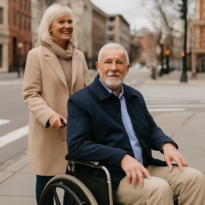 A wife is pushing her husband in a wheelchair while outside